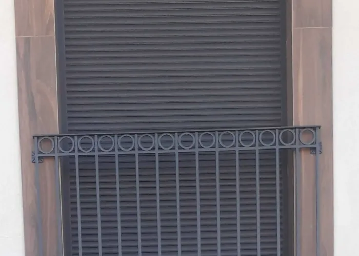 Barandilla metálica decorativa con círculos simétricos en ventana exterior con persiana, fabricada por Carpintería Metálica Toni en San Pedro, Albacete.