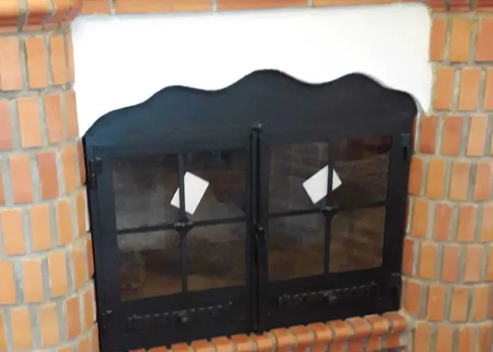 Puerta de chimenea metálica con doble hoja acristalada y diseño superior curvado, fabricada por Carpintería Metálica Toni en San Pedro, Albacete