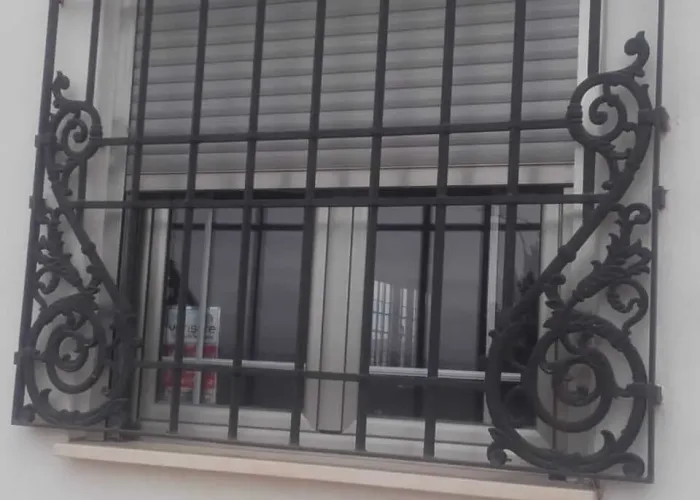 Reja de forja decorativa con remates en punta de lanza y detalles florales en los laterales, fabricada por Carpintería Metálica Toni en San Pedro (Albacete). Una opción robusta y estética para proteger ventanas en viviendas de estilo tradicional.