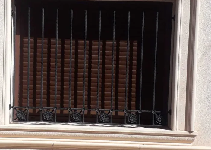 Reja metálica para ventana con barrotes verticales y detalles decorativos en forma de flor en la parte inferior, realizada por Carpintería Metálica Toni en San Pedro, Albacete. Seguridad y estilo para viviendas unifamiliares.